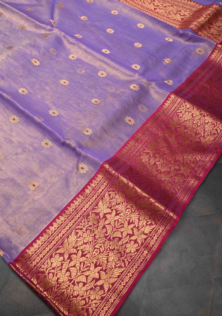 Periwinkle Purple Tissue Chanderi Silk Saree with Meenakari Buttas and Contrast Zari Borders
