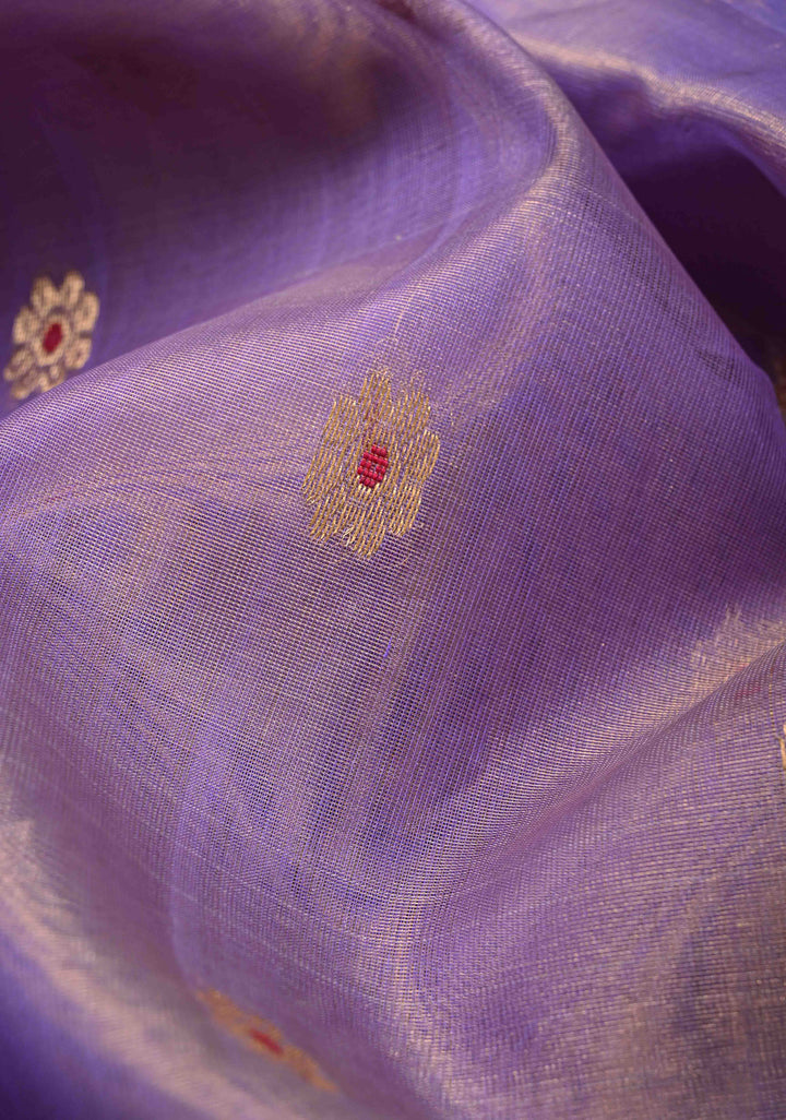 Periwinkle Purple Tissue Chanderi Silk Saree with Meenakari Buttas and Contrast Zari Borders