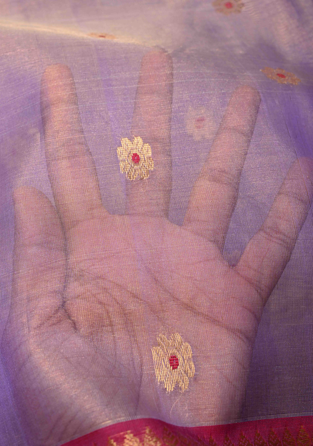 Periwinkle Purple Tissue Chanderi Silk Saree with Meenakari Buttas and Contrast Zari Borders