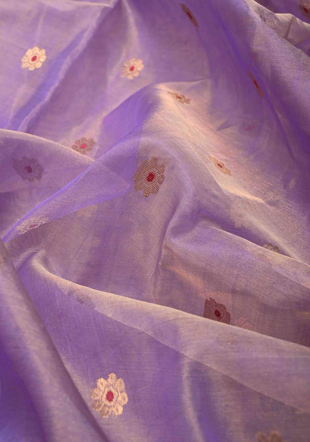 Periwinkle Purple Tissue Chanderi Silk Saree with Meenakari Buttas and Contrast Zari Borders