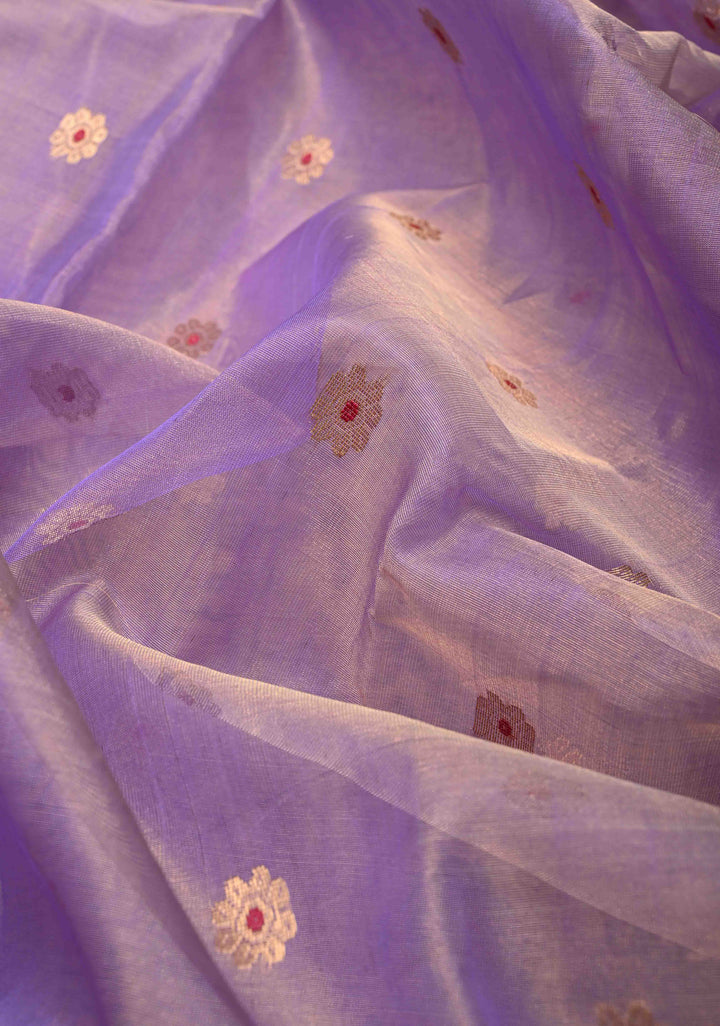 Periwinkle Purple Tissue Chanderi Silk Saree with Meenakari Buttas and Contrast Zari Borders
