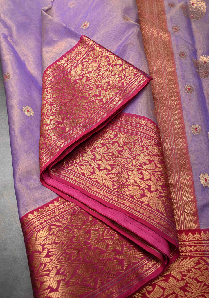 Periwinkle Purple Tissue Chanderi Silk Saree with Meenakari Buttas and Contrast Zari Borders