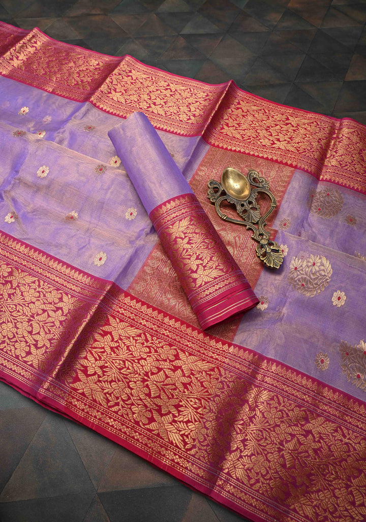 Periwinkle Purple Tissue Chanderi Silk Saree with Meenakari Buttas and Contrast Zari Borders