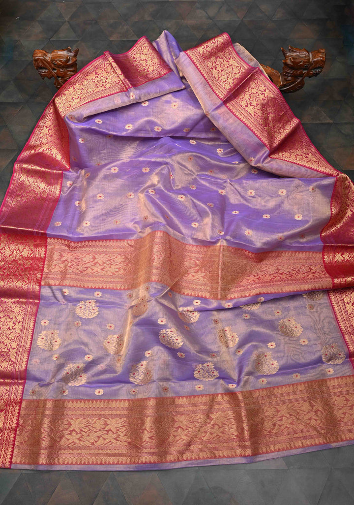 Periwinkle Purple Tissue Chanderi Silk Saree with Meenakari Buttas and Contrast Zari Borders