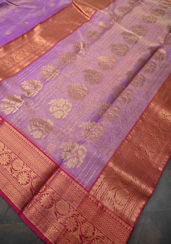 Lavender Tissue Chanderi Silk Saree with Floral Buttas and Contrast Zari Borders