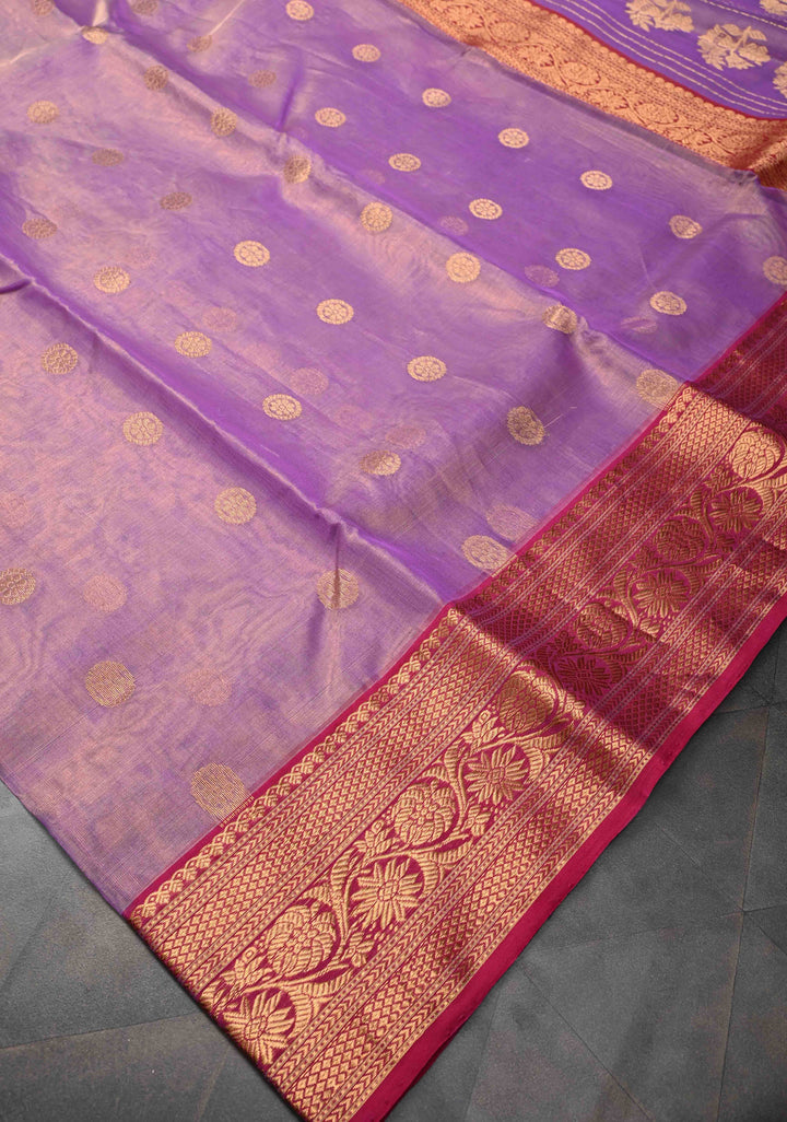 Lavender Tissue Chanderi Silk Saree with Floral Buttas and Contrast Zari Borders