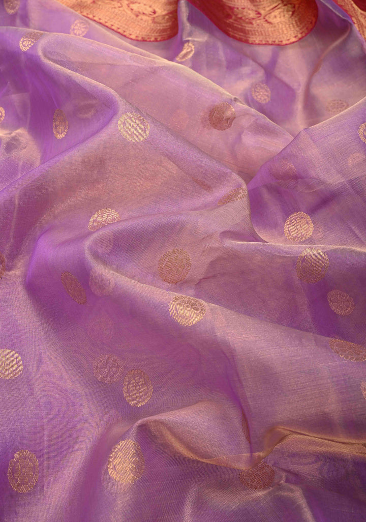 Lavender Tissue Chanderi Silk Saree with Floral Buttas and Contrast Zari Borders