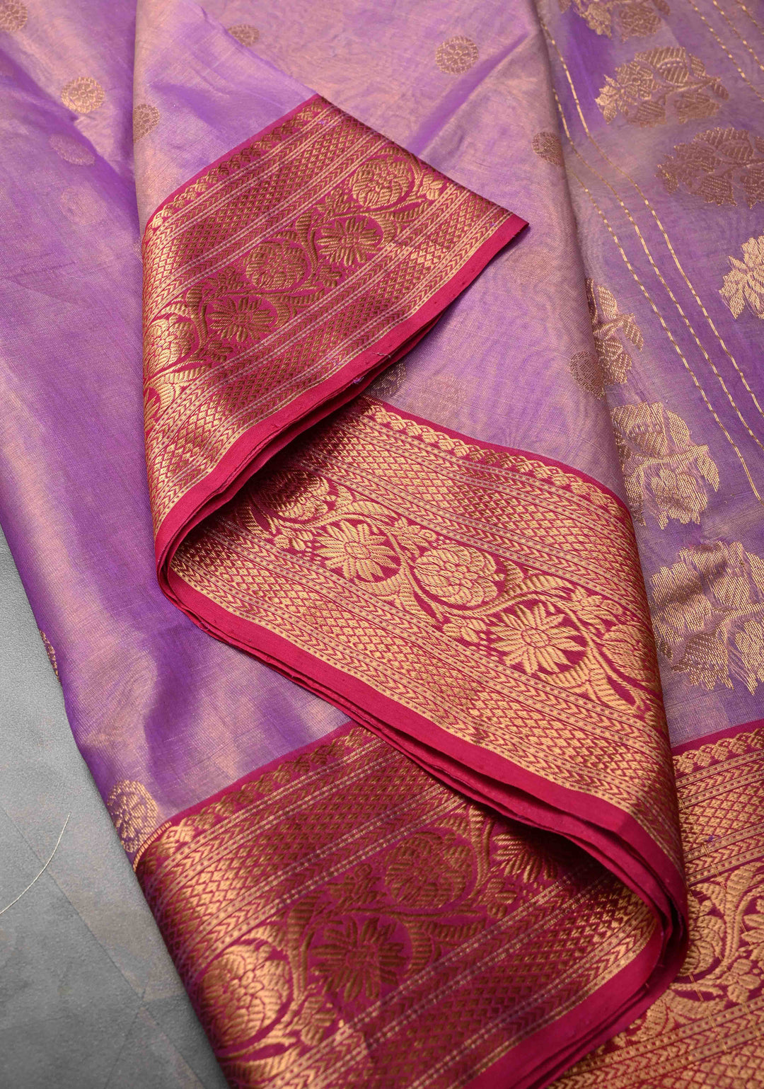 Lavender Tissue Chanderi Silk Saree with Floral Buttas and Contrast Zari Borders