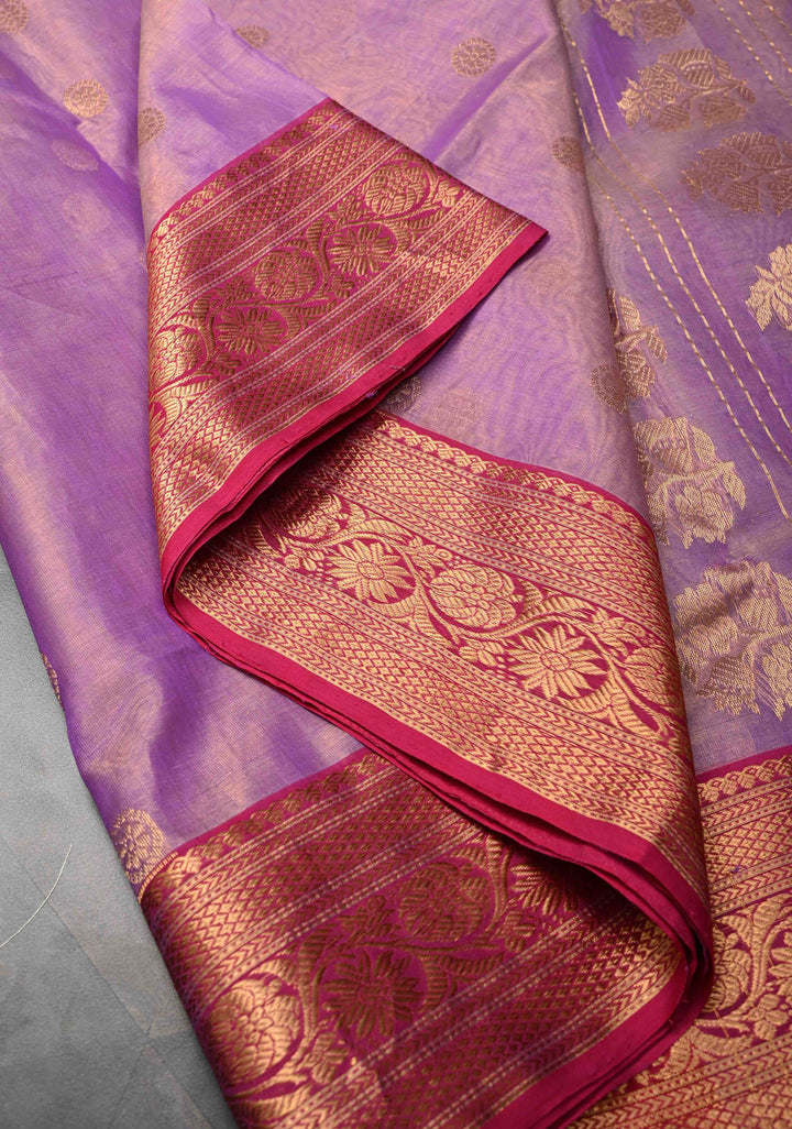 Lavender Tissue Chanderi Silk Saree with Floral Buttas and Contrast Zari Borders