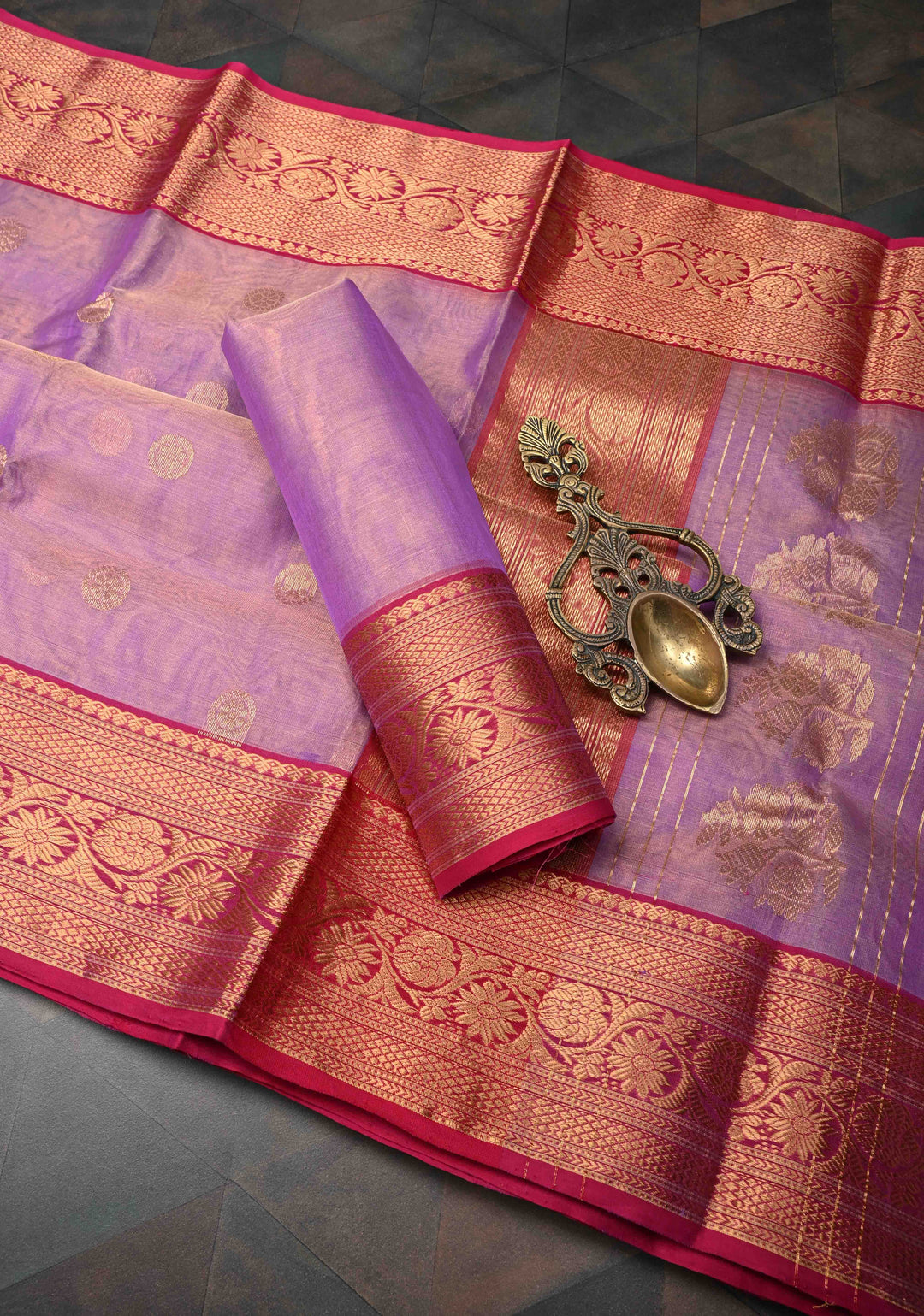 Lavender Tissue Chanderi Silk Saree with Floral Buttas and Contrast Zari Borders