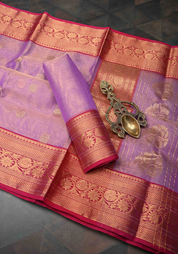 Lavender Tissue Chanderi Silk Saree with Floral Buttas and Contrast Zari Borders