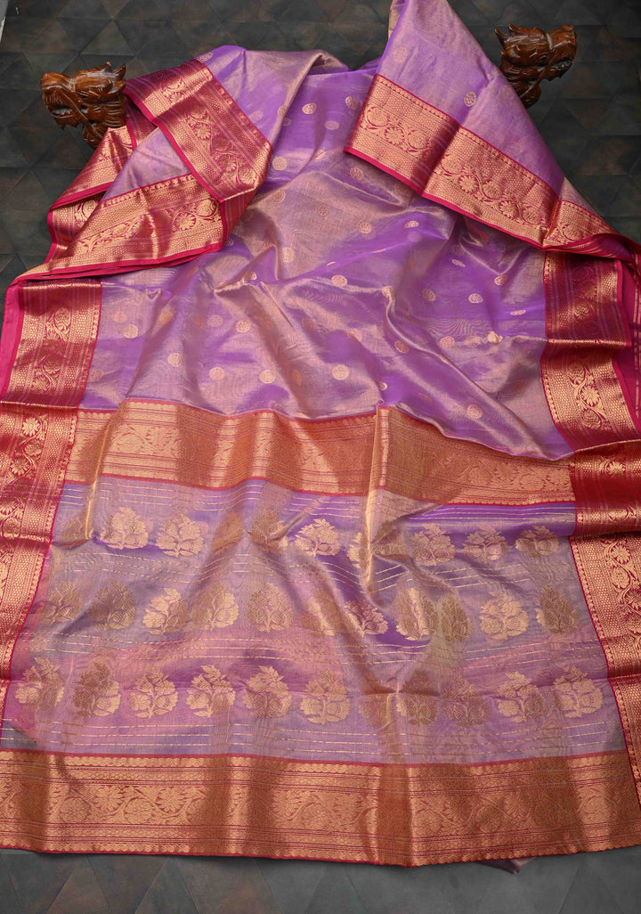 Lavender Tissue Chanderi Silk Saree with Floral Buttas and Contrast Zari Borders