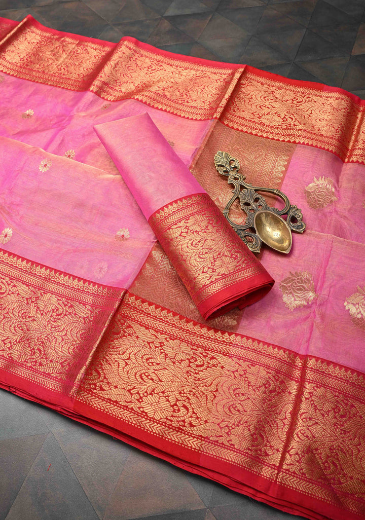 Pink Tissue Chanderi Silk Saree with Meenakari Buttas and Contrast Zari Borders
