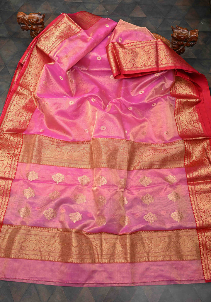 Pink Tissue Chanderi Silk Saree with Meenakari Buttas and Contrast Zari Borders