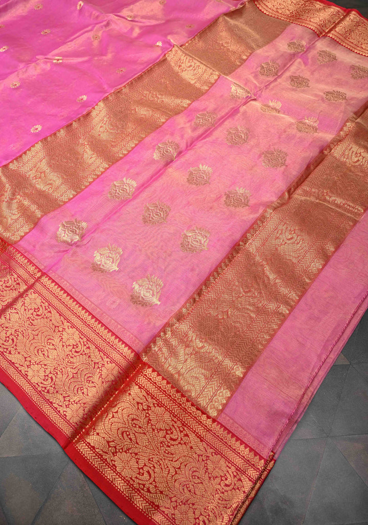 Pink Tissue Chanderi Silk Saree with Meenakari Buttas and Contrast Zari Borders