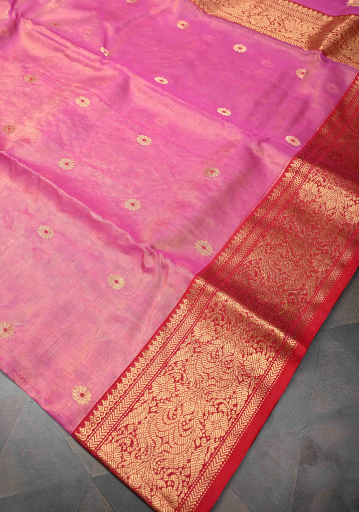 Pink Tissue Chanderi Silk Saree with Meenakari Buttas and Contrast Zari Borders