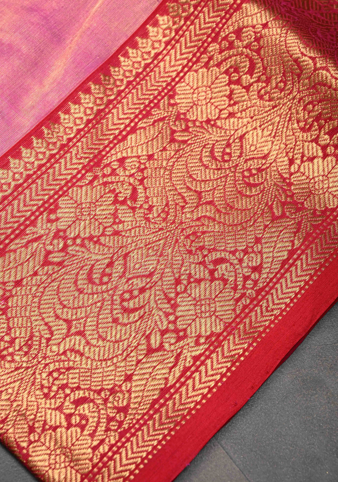 Pink Tissue Chanderi Silk Saree with Meenakari Buttas and Contrast Zari Borders