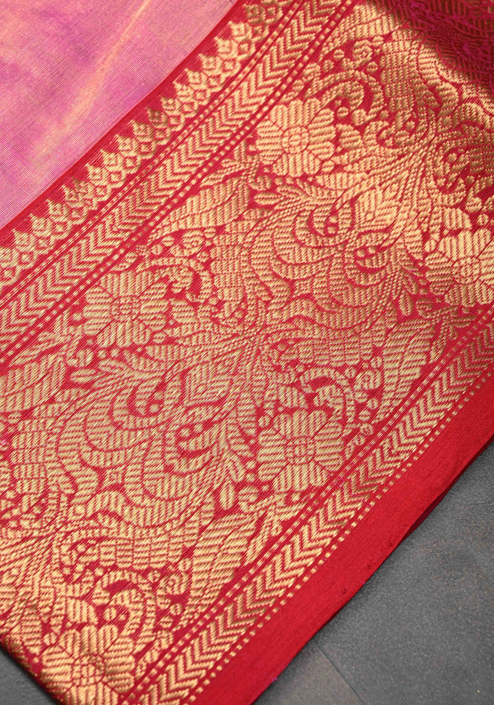 Pink Tissue Chanderi Silk Saree with Meenakari Buttas and Contrast Zari Borders