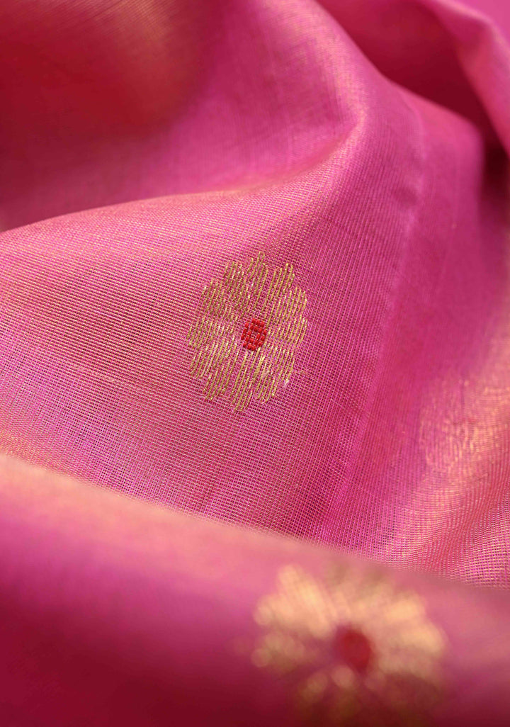 Pink Tissue Chanderi Silk Saree with Meenakari Buttas and Contrast Zari Borders