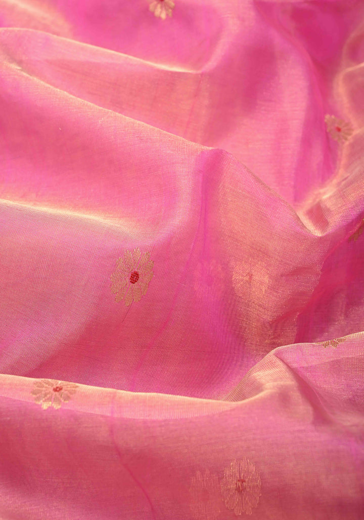Pink Tissue Chanderi Silk Saree with Meenakari Buttas and Contrast Zari Borders