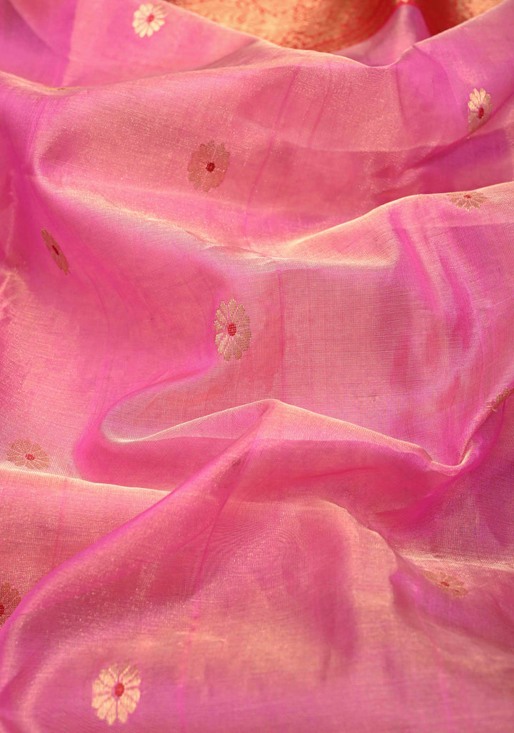 Pink Tissue Chanderi Silk Saree with Meenakari Buttas and Contrast Zari Borders