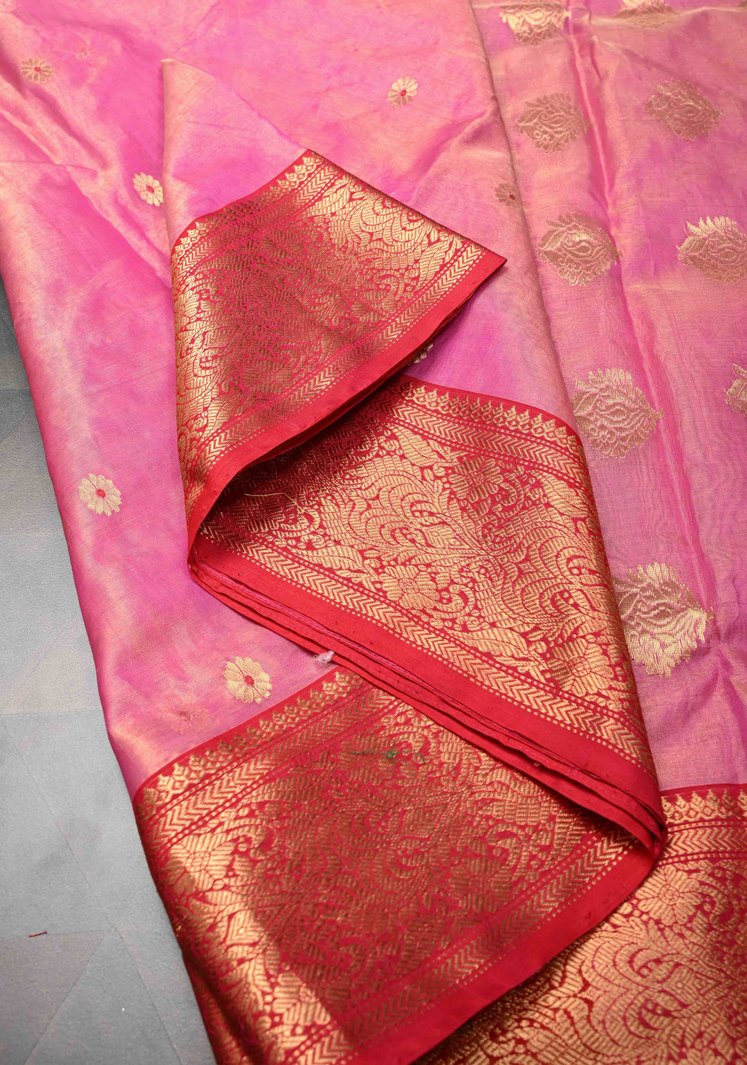 Pink Tissue Chanderi Silk Saree with Meenakari Buttas and Contrast Zari Borders