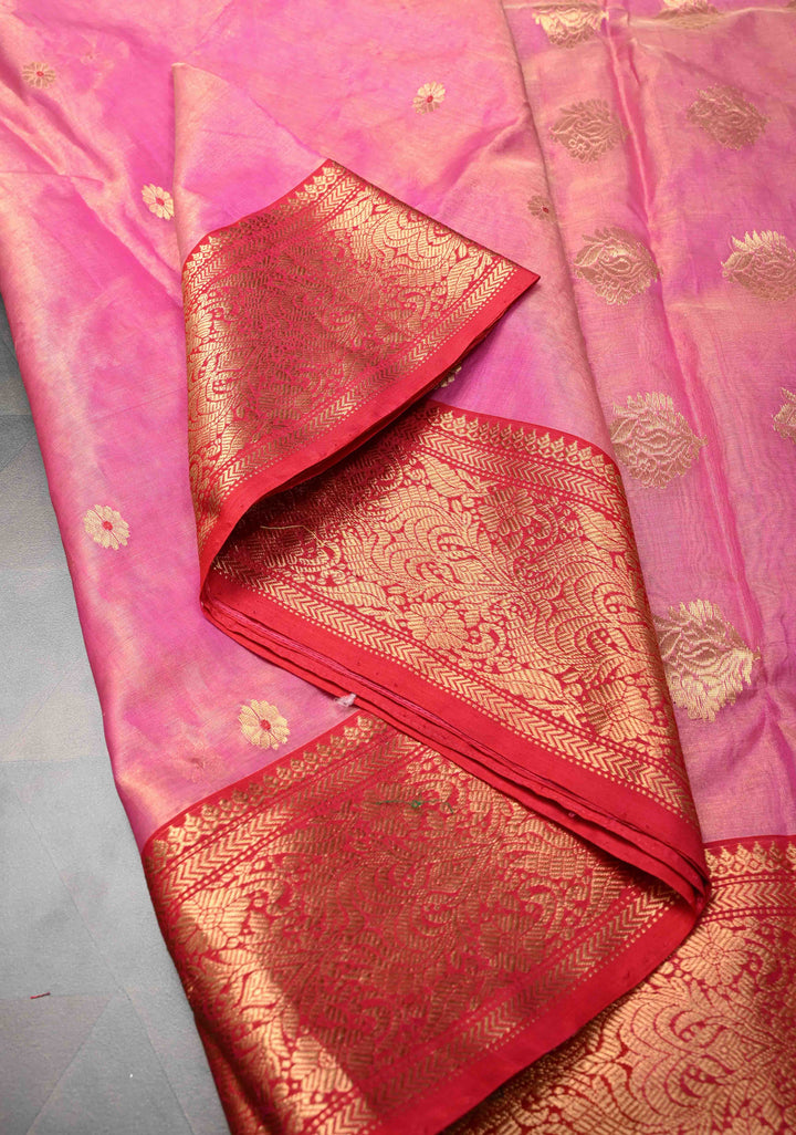 Pink Tissue Chanderi Silk Saree with Meenakari Buttas and Contrast Zari Borders