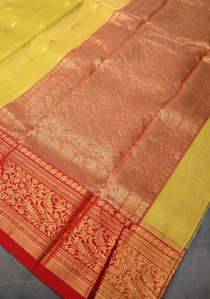 Moss Yellow  Chanderi Silk Saree with Floral Buttas and Contrast Zari Borders