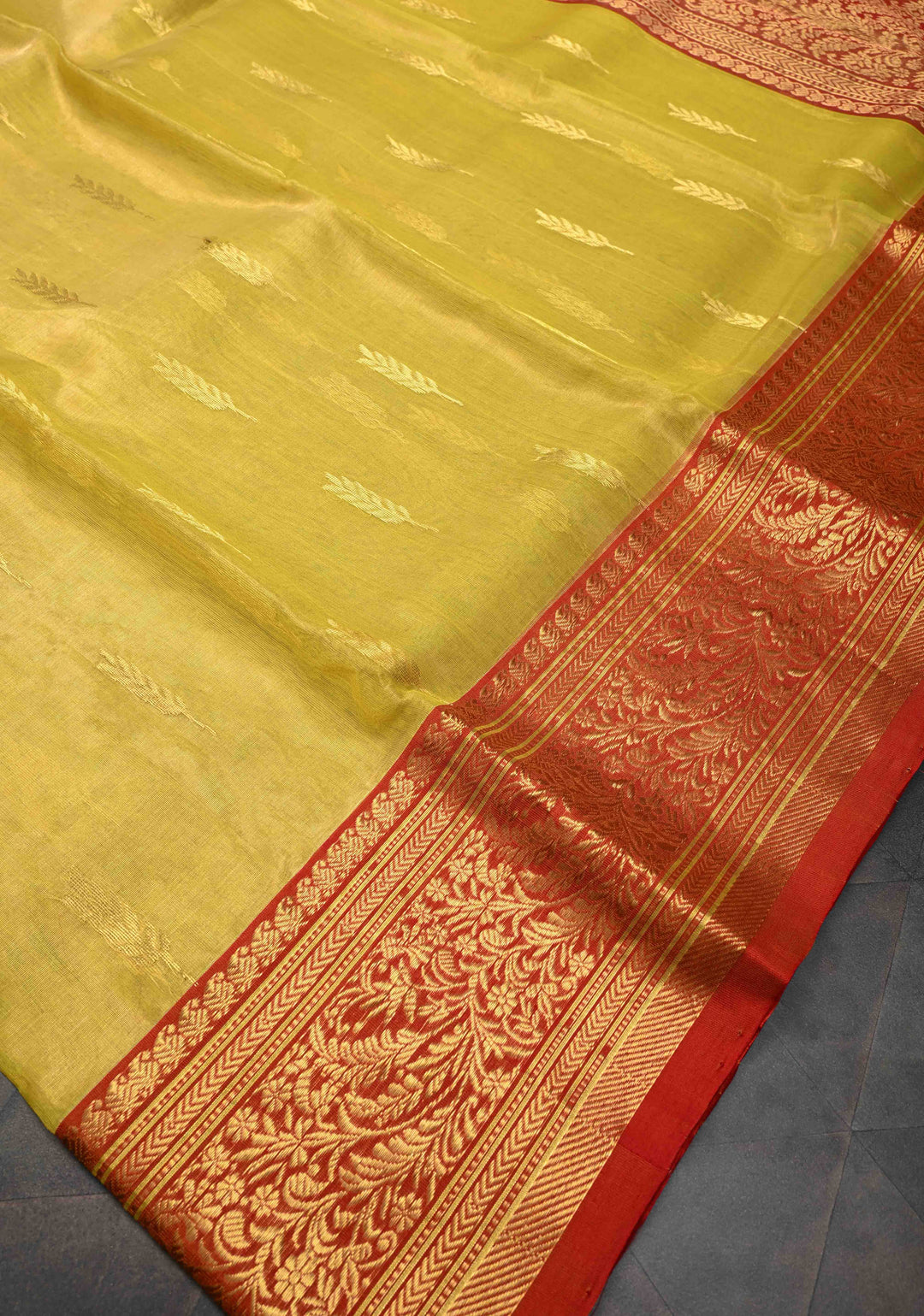 Moss Yellow  Chanderi Silk Saree with Floral Buttas and Contrast Zari Borders