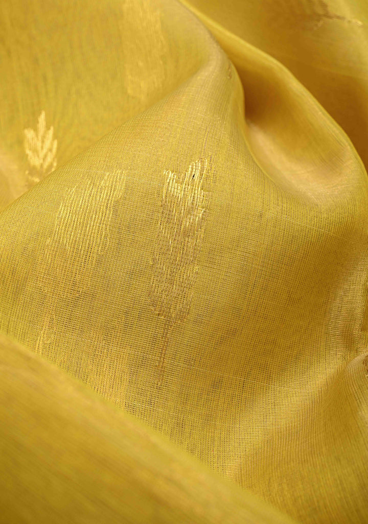 Moss Yellow  Chanderi Silk Saree with Floral Buttas and Contrast Zari Borders