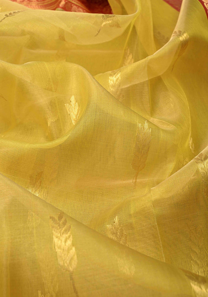 Moss Yellow  Chanderi Silk Saree with Floral Buttas and Contrast Zari Borders