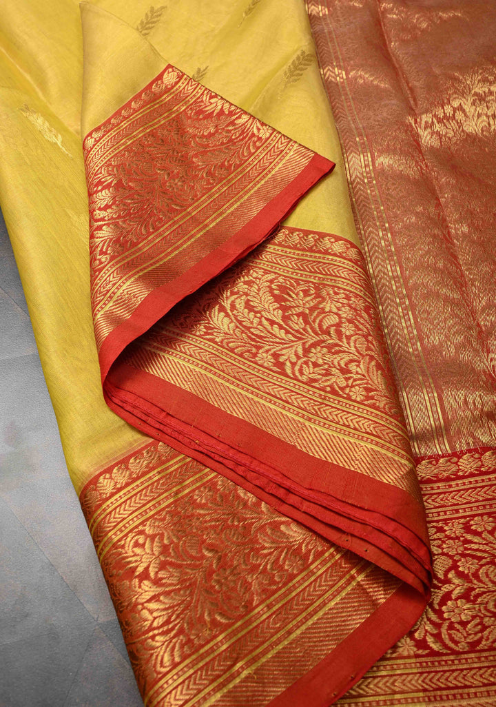 Moss Yellow  Chanderi Silk Saree with Floral Buttas and Contrast Zari Borders