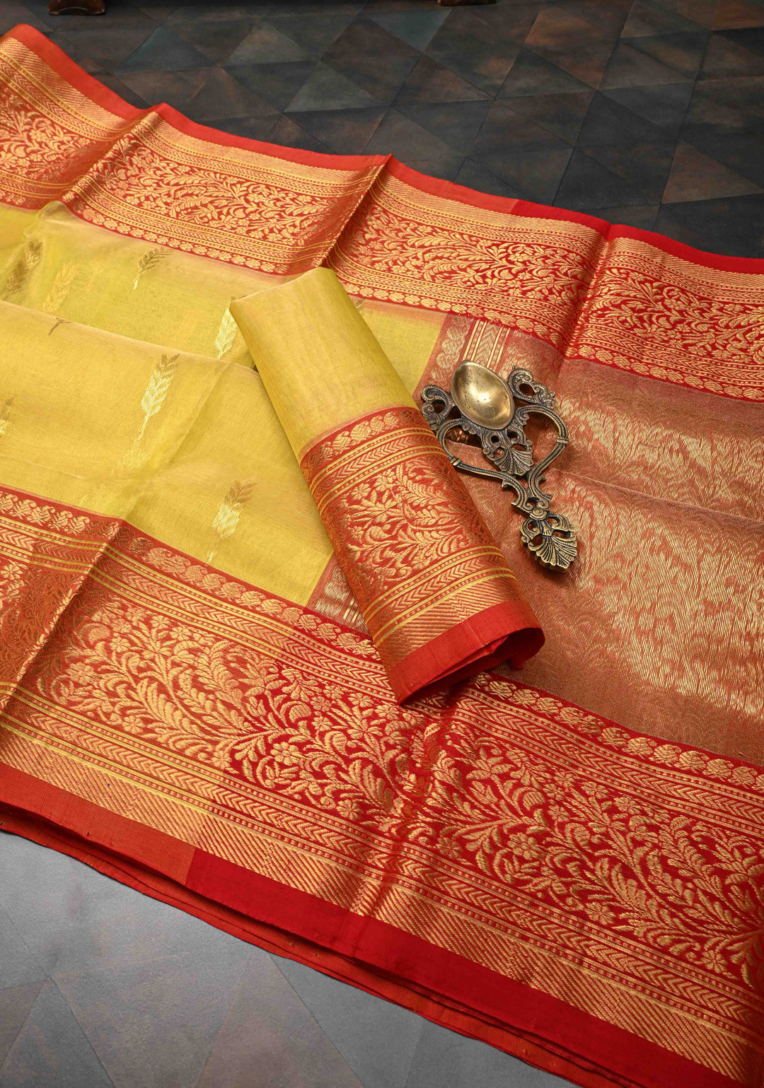 Moss Yellow  Chanderi Silk Saree with Floral Buttas and Contrast Zari Borders