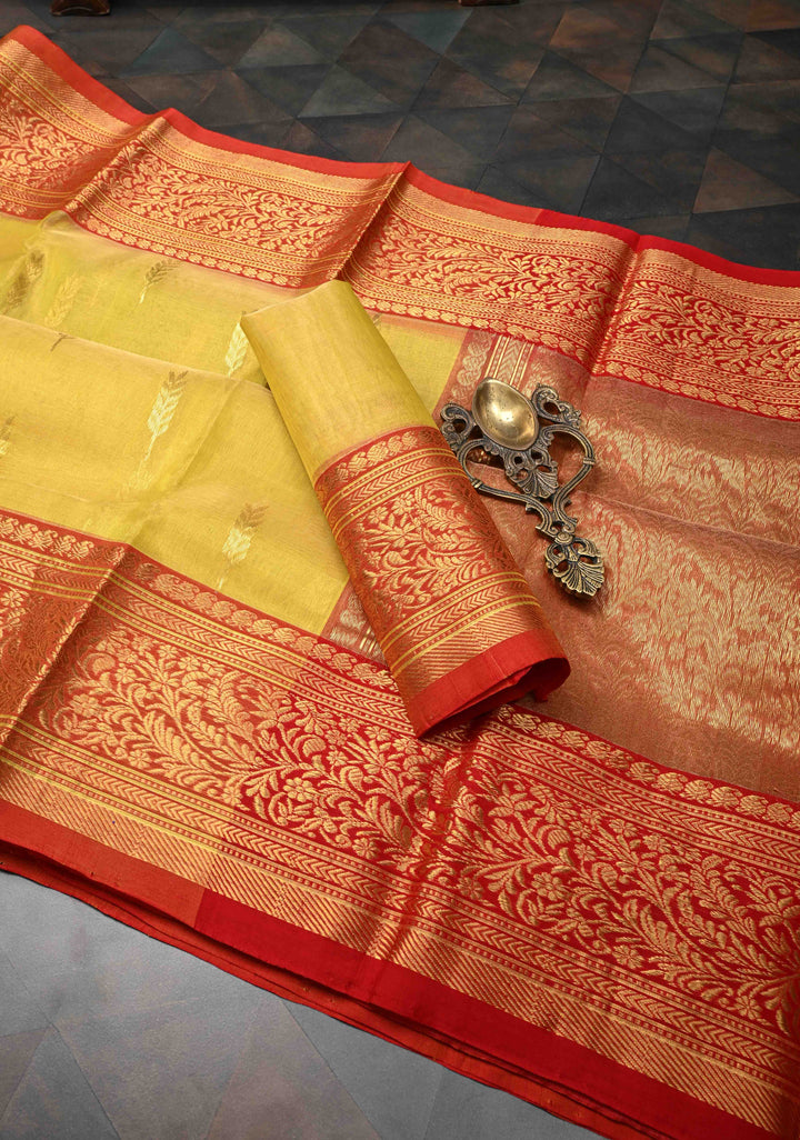 Moss Yellow  Chanderi Silk Saree with Floral Buttas and Contrast Zari Borders