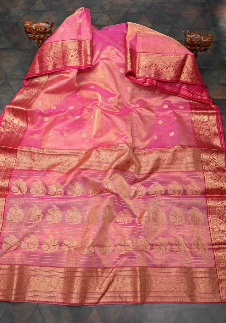 Pink Tissue Chanderi Silk Saree with Floral Buttas and Contrast Zari Borders