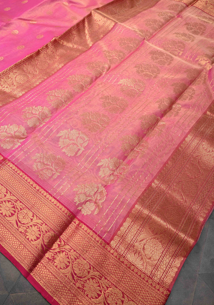 Pink Tissue Chanderi Silk Saree with Floral Buttas and Contrast Zari Borders