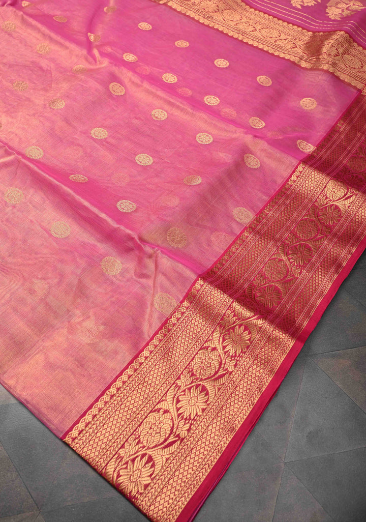 Pink Tissue Chanderi Silk Saree with Floral Buttas and Contrast Zari Borders