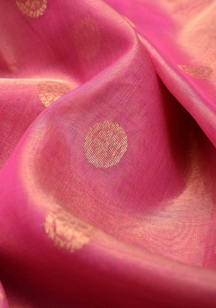 Pink Tissue Chanderi Silk Saree with Floral Buttas and Contrast Zari Borders