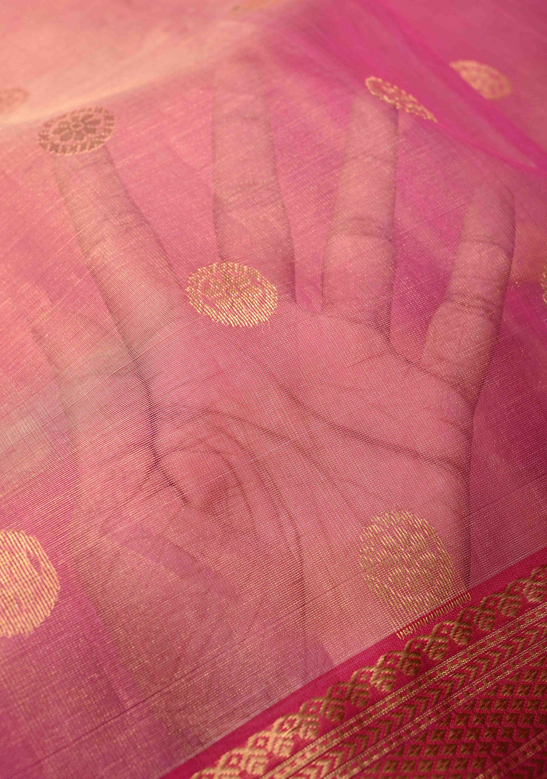 Pink Tissue Chanderi Silk Saree with Floral Buttas and Contrast Zari Borders