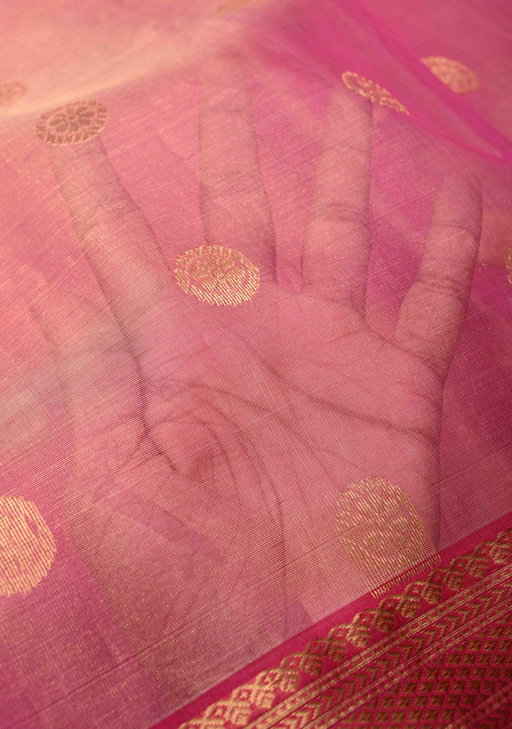 Pink Tissue Chanderi Silk Saree with Floral Buttas and Contrast Zari Borders