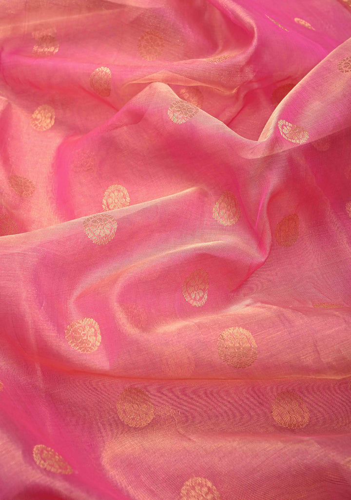 Pink Tissue Chanderi Silk Saree with Floral Buttas and Contrast Zari Borders
