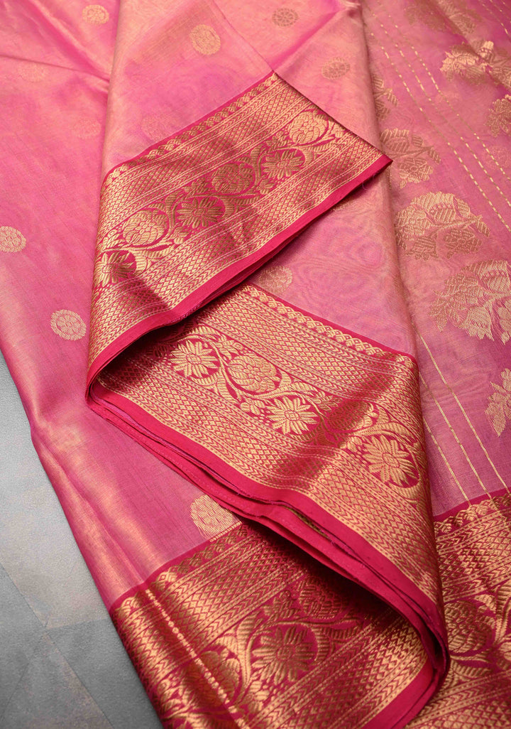 Pink Tissue Chanderi Silk Saree with Floral Buttas and Contrast Zari Borders