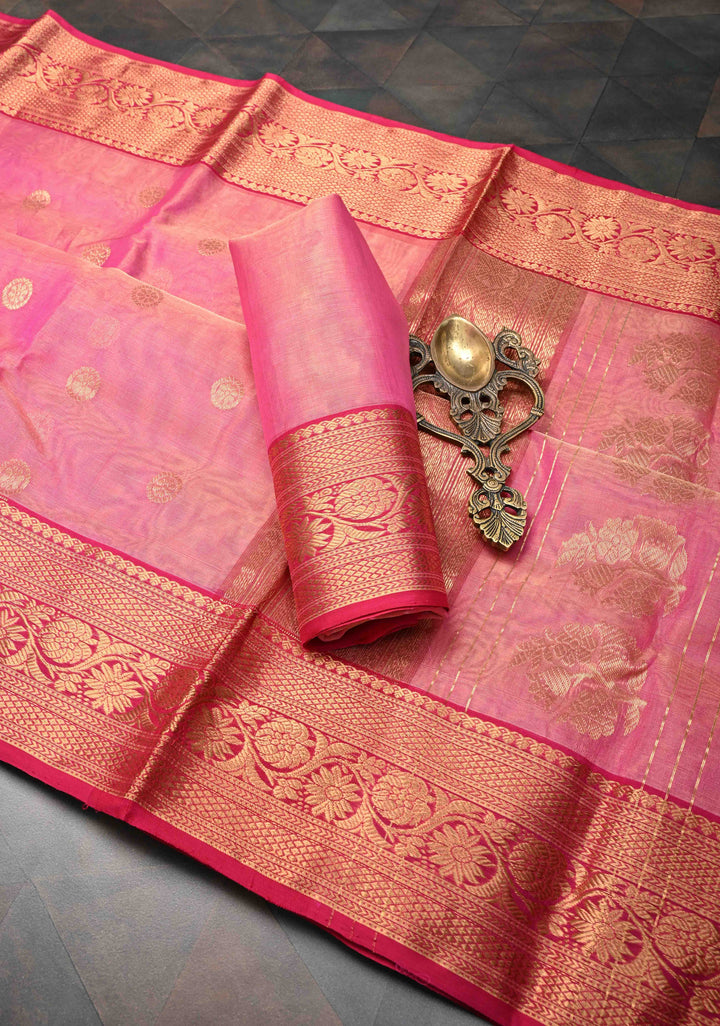 Pink Tissue Chanderi Silk Saree with Floral Buttas and Contrast Zari Borders