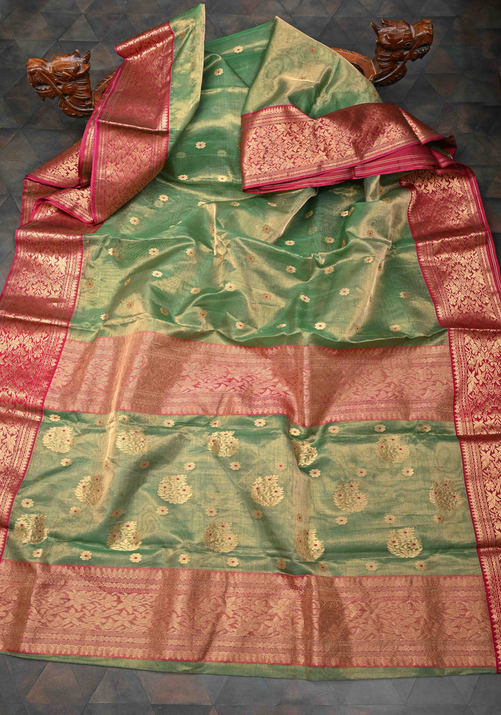 Moss Green Tissue Chanderi Silk Saree with Meenakari Buttas and Contrast Zari Borders