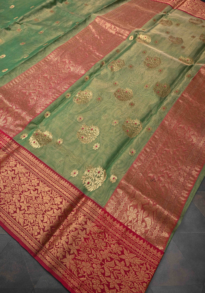 Moss Green Tissue Chanderi Silk Saree with Meenakari Buttas and Contrast Zari Borders