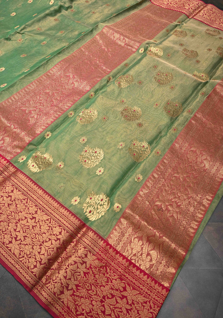 Moss Green Tissue Chanderi Silk Saree with Meenakari Buttas and Contrast Zari Borders