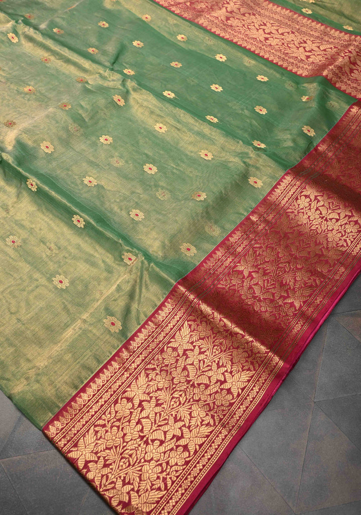 Moss Green Tissue Chanderi Silk Saree with Meenakari Buttas and Contrast Zari Borders