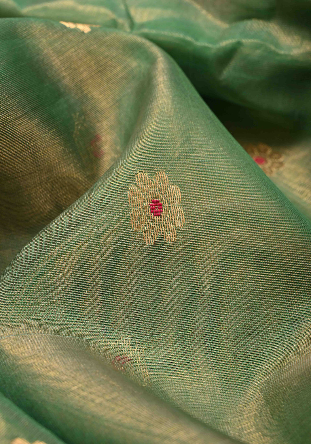 Moss Green Tissue Chanderi Silk Saree with Meenakari Buttas and Contrast Zari Borders