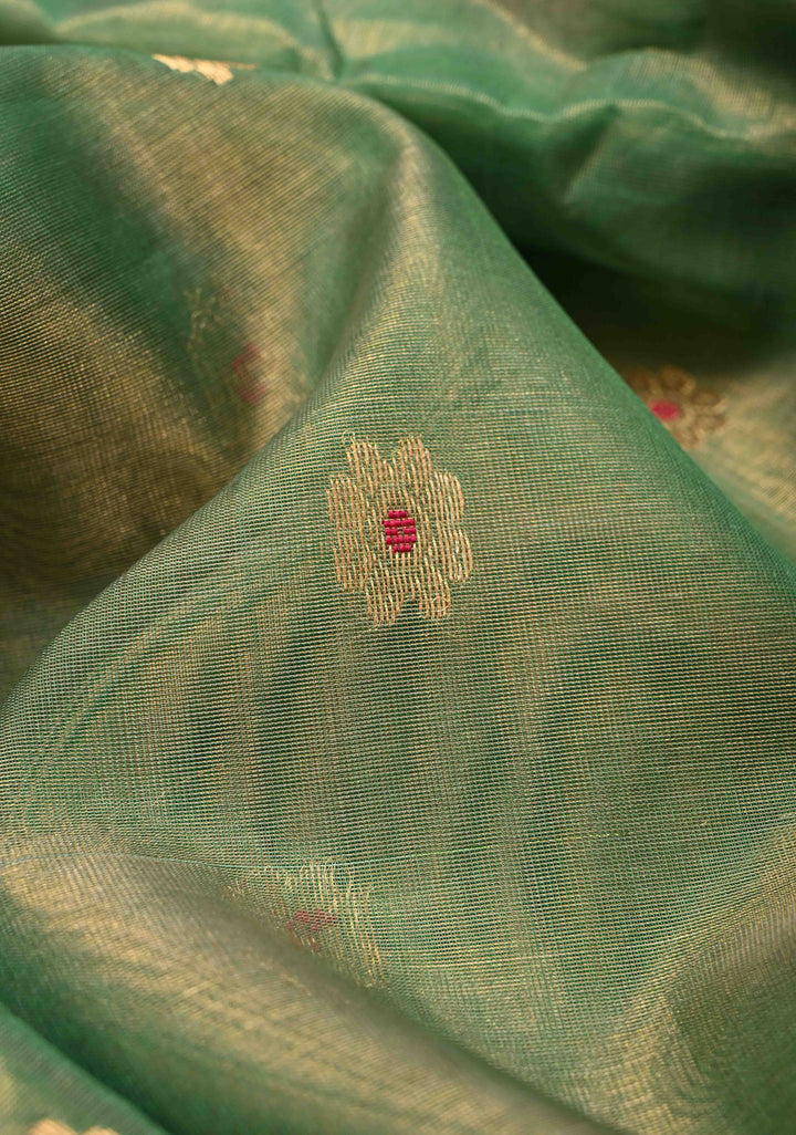 Moss Green Tissue Chanderi Silk Saree with Meenakari Buttas and Contrast Zari Borders