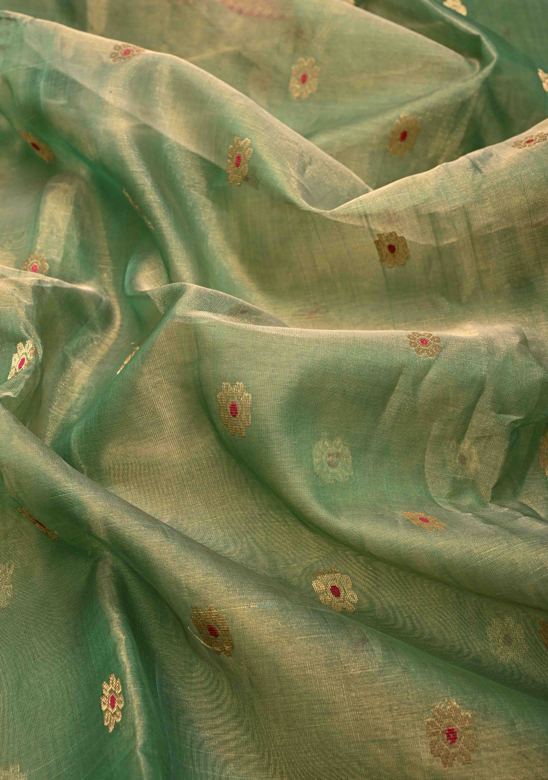 Moss Green Tissue Chanderi Silk Saree with Meenakari Buttas and Contrast Zari Borders